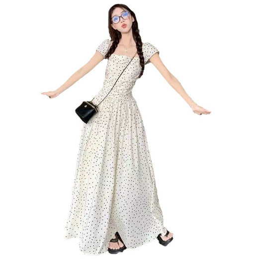 Women's French Square Collar Polka Dot Flying Sleeve Dress - Outfit Emporium