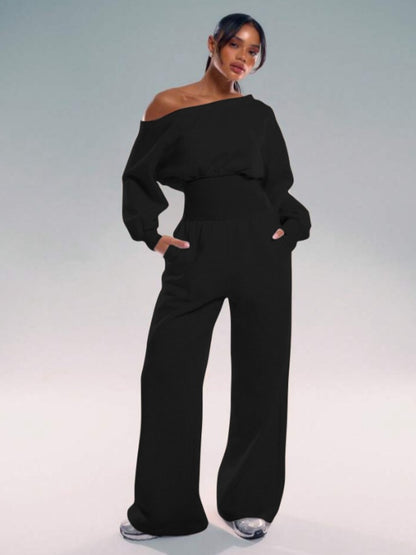 Shoulder Jogger Wide Leg Jumpsuit Cinched - Outfit Emporium