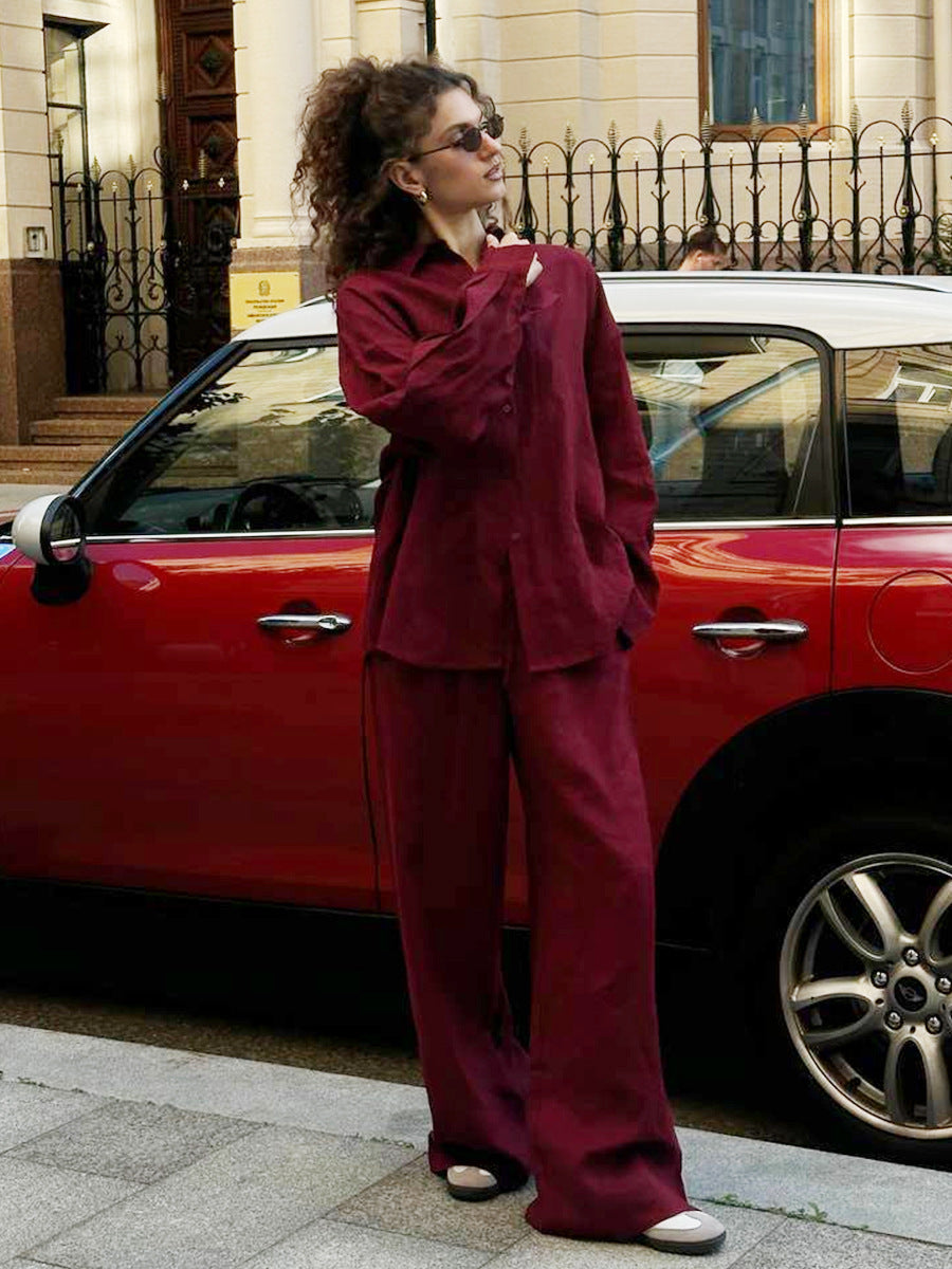 Women's Solid Color Loose Shirt Trousers Suit