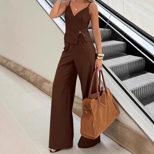 Brown Sleeveless V-neck Brace Split Vest Trousers Suit - Outfit Emporium
