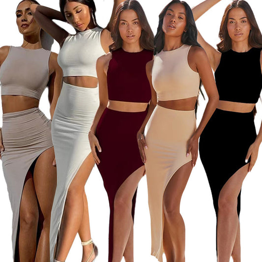 Women's Short Top Split Hip Skirt Two-piece Set Dress