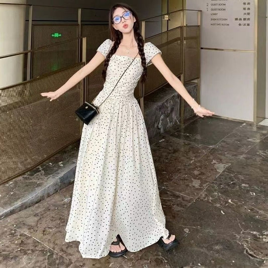 Women's French Square Collar Polka Dot Flying Sleeve Dress - Outfit Emporium
