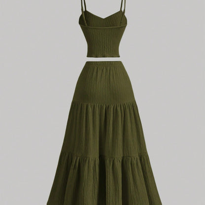 Casual Solid Color Ribbed Fit Vest Top And Ruched Hem A- Line Skirt - Outfit Emporium