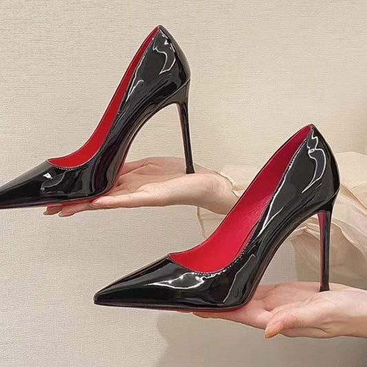 Women's Black Patent Leather Pointed High Heels - Outfit Emporium