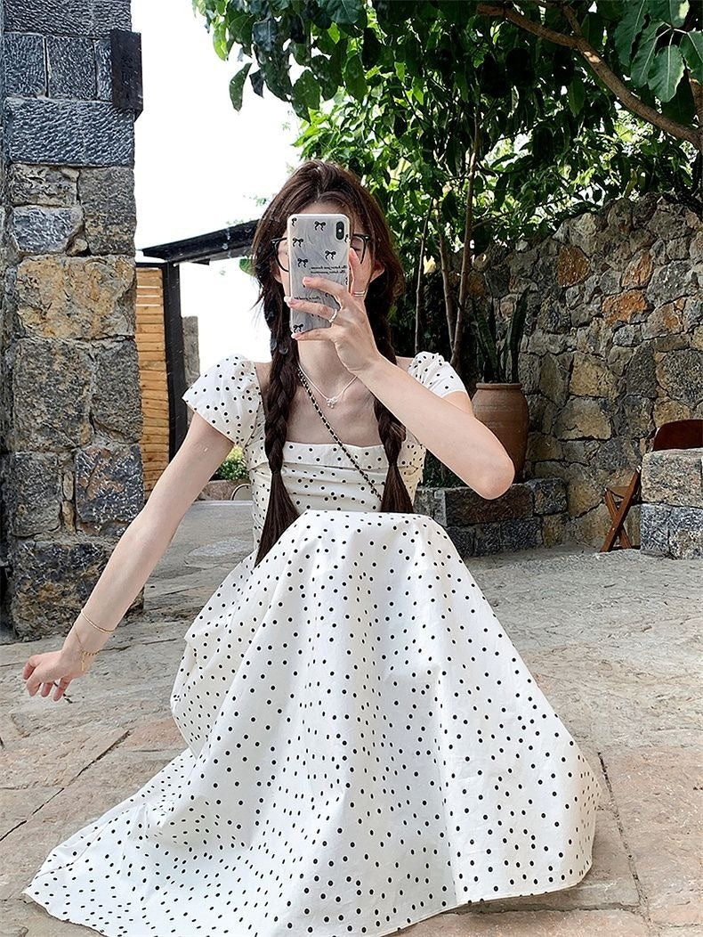 Women's French Square Collar Polka Dot Flying Sleeve Dress - Outfit Emporium