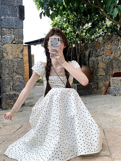 Women's French Square Collar Polka Dot Flying Sleeve Dress - Outfit Emporium