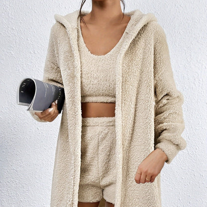 Women's Solid Color Strap Shorts Plush Warm Top 3-Piece Set