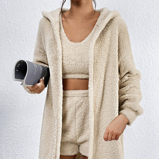 Women's Solid Color Strap Shorts Plush Warm Top 3-Piece Set
