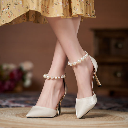 Women's Small-sized Pearl Sandals With Stiletto Heels - Outfit Emporium