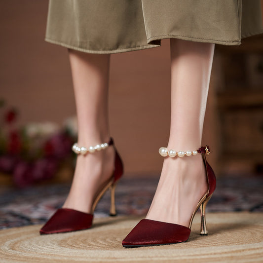 Women's Small-sized Pearl Sandals With Stiletto Heels - Outfit Emporium