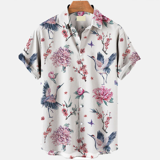 Men's Clothing Casual Printed Plant Pattern High Quality Short Sleeve Shirt