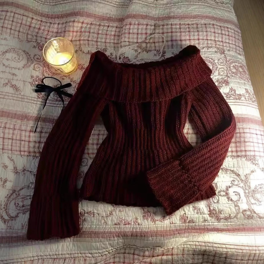 Women's Fashionable Off-neck Slim-fit Vintage Sweater - Outfit Emporium