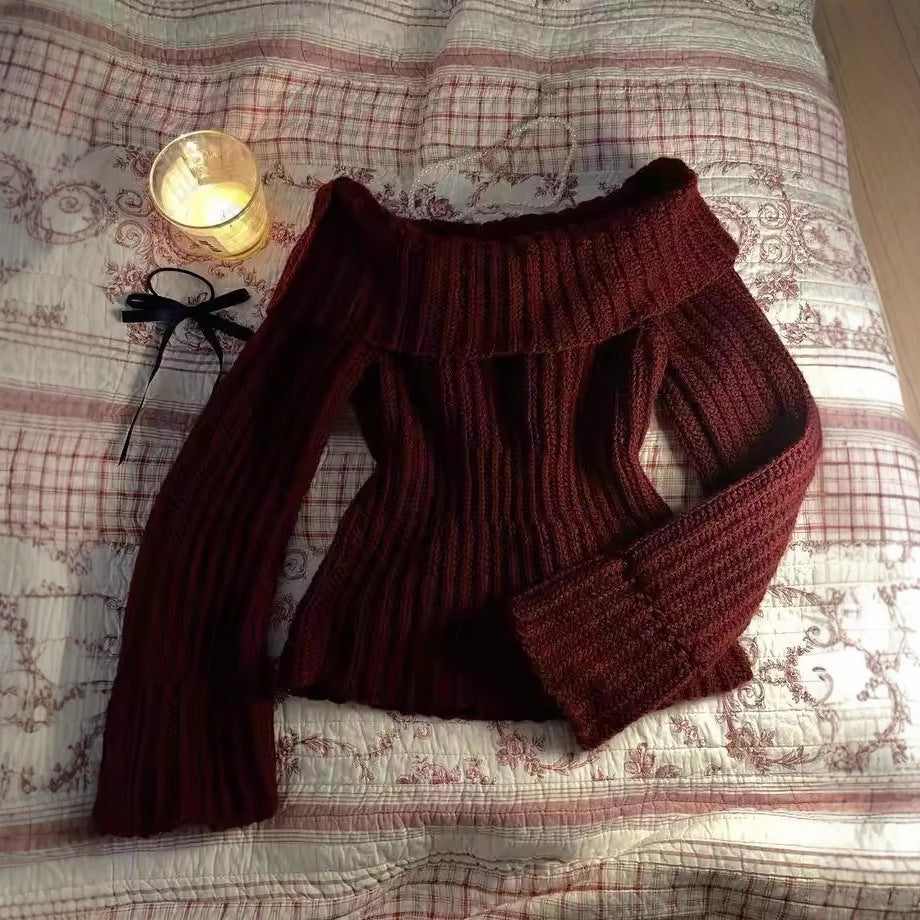 Women's Fashionable Off-neck Slim-fit Vintage Sweater - Outfit Emporium