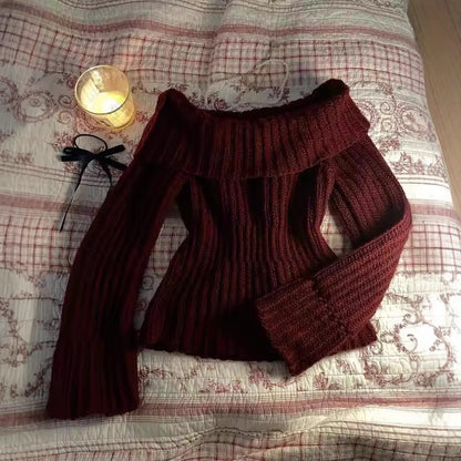 Women's Fashionable Off-neck Slim-fit Vintage Sweater - Outfit Emporium