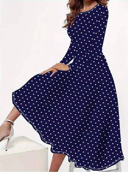 Elegant Polka  Round Neck Long Sleeve Pocket Dress - Outfit Emporium