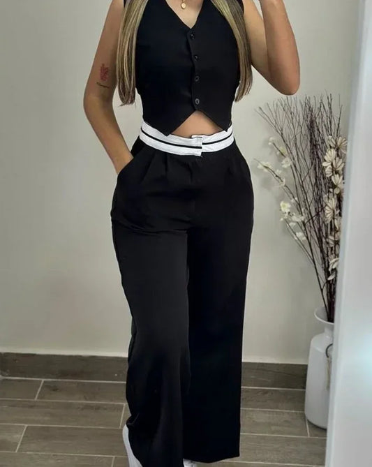 Elegant V-Neck Buttoned Vest Top & Pocket Design Pants Set for Women