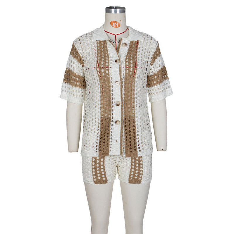Women's  Lapel Knitted Shorts Suit - Outfit Emporium
