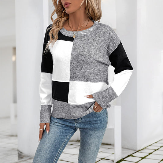 Women's Loose Square Contrast Color Long Sleeves Sweater