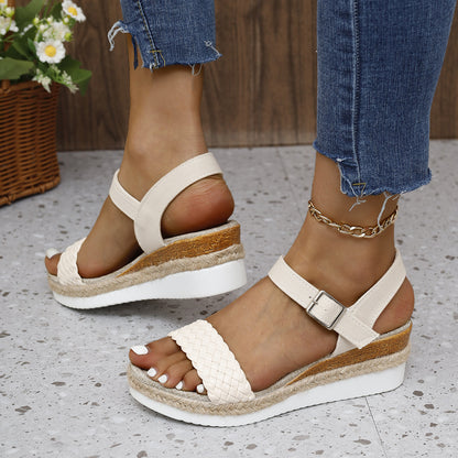 Buckle Thick Bottom Woven Lightweight Beach Slippers - Outfit Emporium