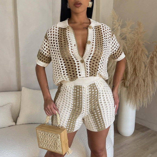 Women's  Lapel Knitted Shorts Suit - Outfit Emporium