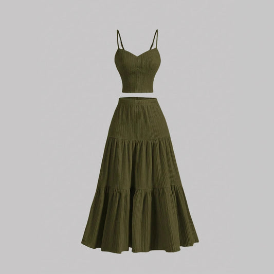 Casual Solid Color Ribbed Fit Vest Top And Ruched Hem A- Line Skirt - Outfit Emporium