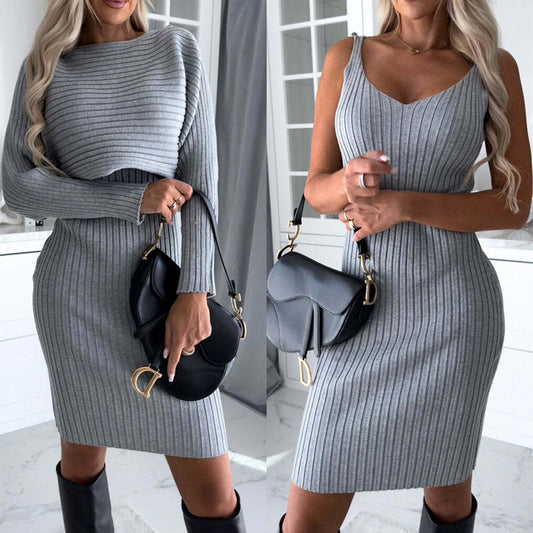 2pcs Long-sleeved Top And Tight Suspender Skirt - Outfit Emporium