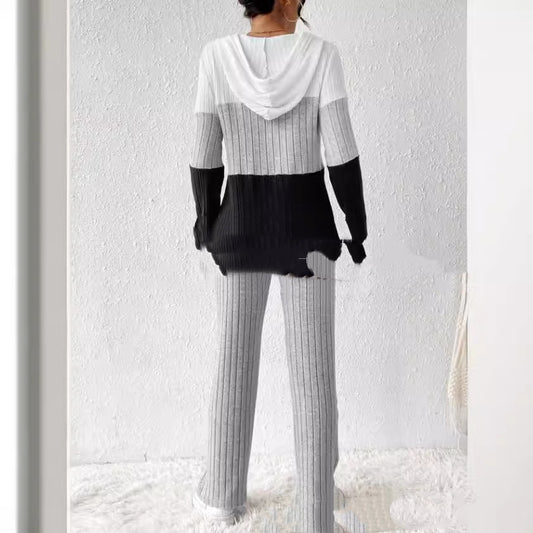 Contrast Color Hooded Zipper Long Sleeve Trousers Suit Knitted