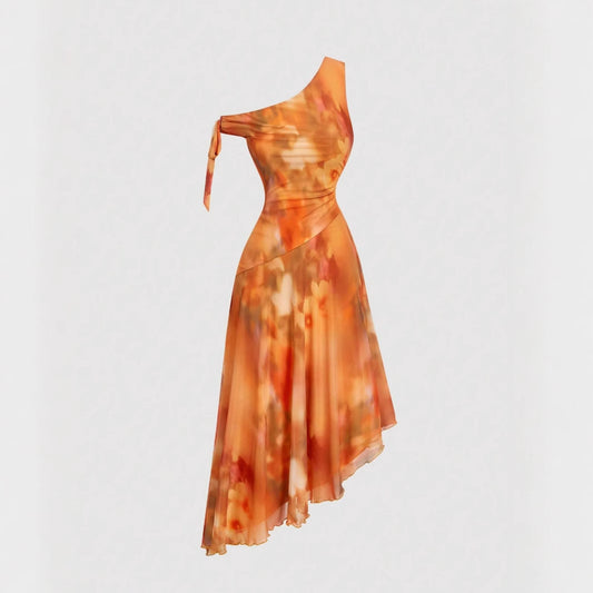 Women's Asymmetric Shoulder Mesh Floral Print Holiday Dress