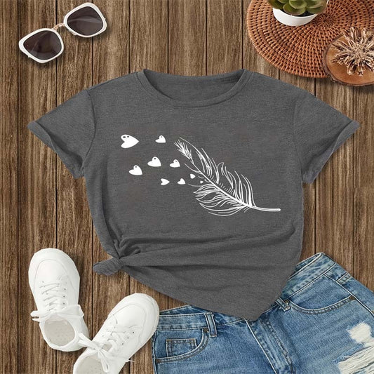 Women's Feather & Heart Print T-Shirt - Outfit Emporium