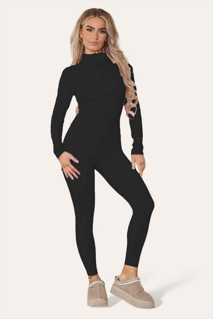 Ribbed High Neck Zipper Collar Jumpsuit Front Unitard Set - Outfit Emporium