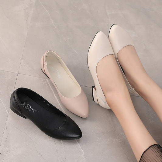 Autumn Cowhide Flat Pointed Low-cut Shoes - Outfit Emporium