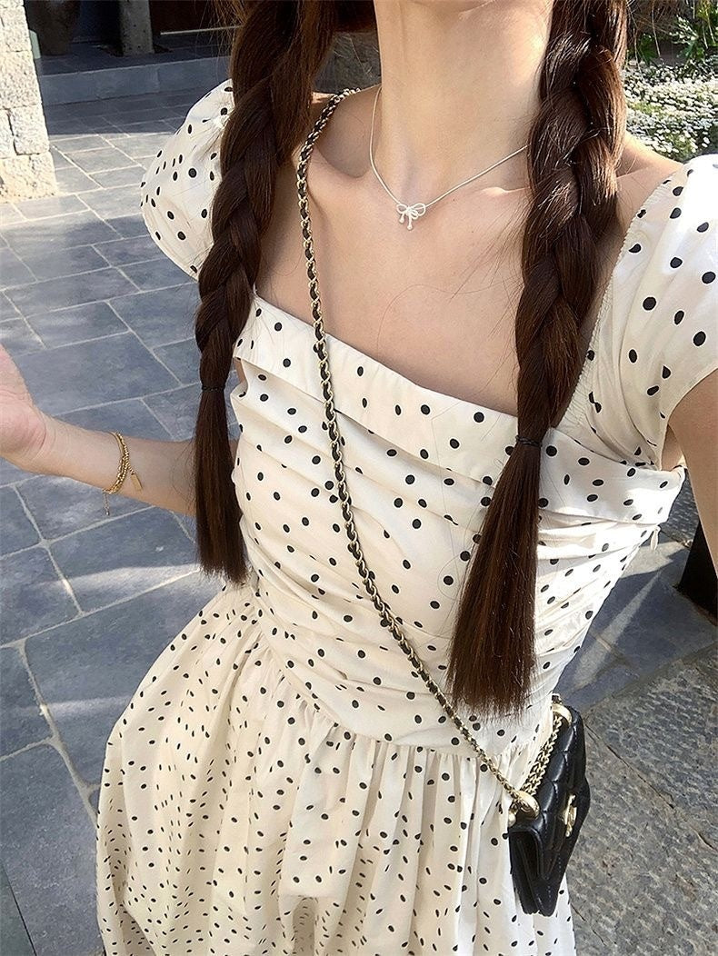 Women's French Square Collar Polka Dot Flying Sleeve Dress - Outfit Emporium