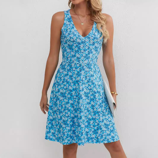 Women's Printed Long Dress Deep V Vest Dress - Outfit Emporium